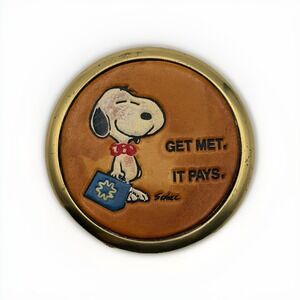 Snoopy Get Met It Pays Leather Coaster Brass Rim MetLife Peanuts Vintage